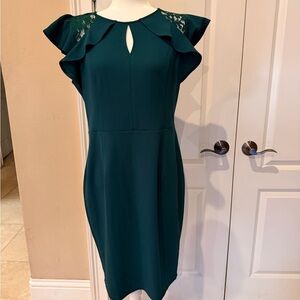Elegant Forest Green Dress with Ruffle Sleeves and Lace inset, XL